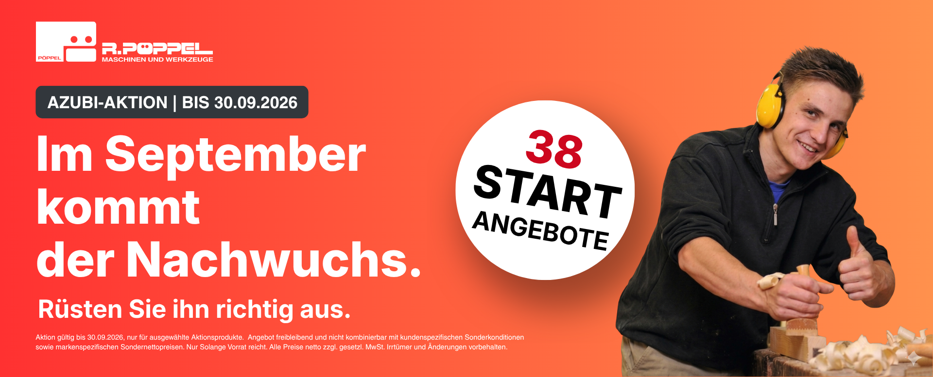 Banner der Pöppel Azubi-Aktion für Handwerk-Werkzeuge im September mit dem Slogan „Im September kommt der Nachwuchs. Rüsten Sie ihn richtig aus.“ und 38 Start-Angeboten.